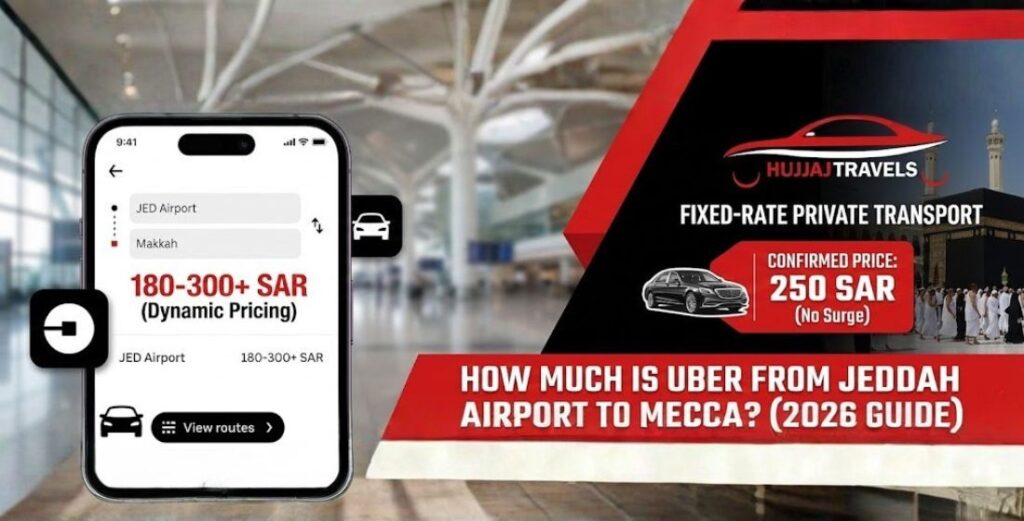 Discover the real cost of Uber from Jeddah Airport to Mecca in 2026. Compare Uber rates, surge pricing, and fixed-rate private transport for a stress-free Umrah.