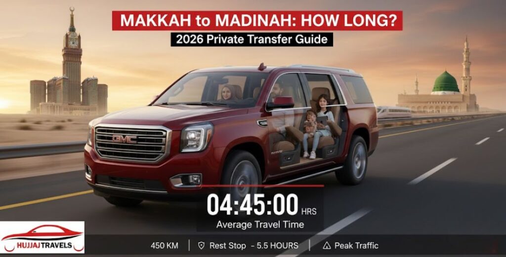 Discover travel times, distances, and 2026 private transport fares from Makkah to Madinah. Learn why Hujjaj Travels is the reliable choice for pilgrims.
