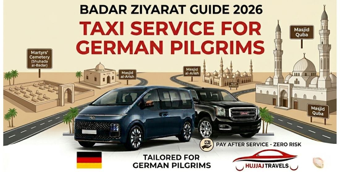Book a reliable private transfer from Madinah to the Badar Battlefield. Compare 2026 fixed rates for GMC, Staria, and Sedans with Hujjaj Travels.