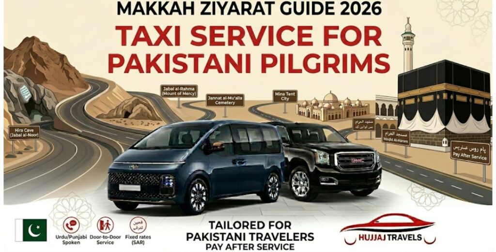 Reliable 2026 Makkah Ziyarat transport for Pakistani pilgrims. Fixed rates for GMC, Staria, and Sedans. Book with Hujjaj Travels for a stress-free experience.