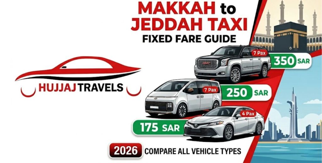 Find the current 2026 taxi and private car rates from Makkah to Jeddah. Compare fixed prices for Sedans, GMCs, and Vans with Hujjaj Travels.
