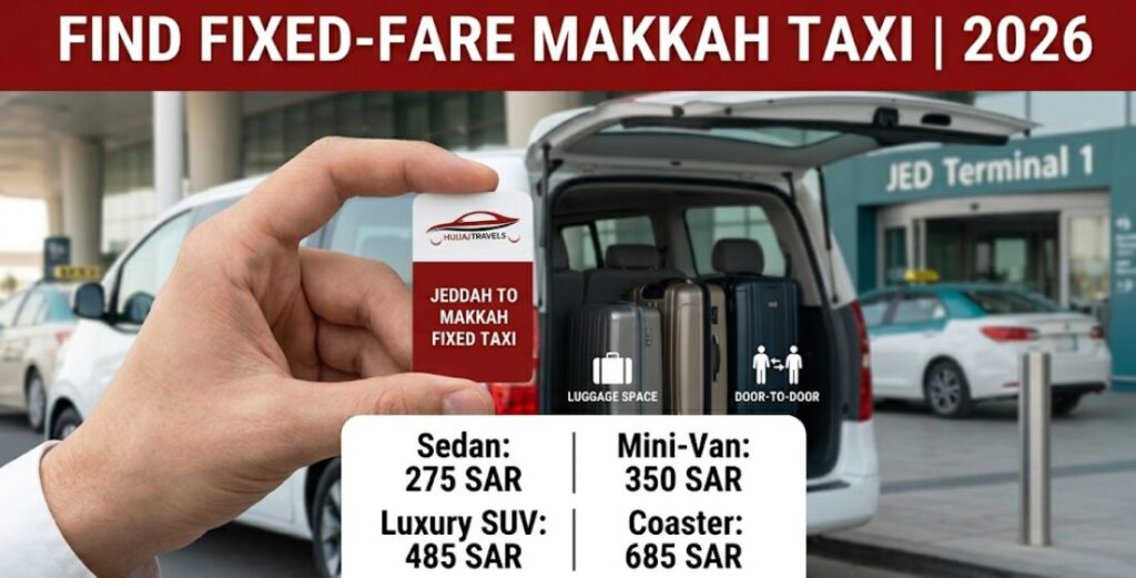 Are there fixed-fare taxis from Jeddah to Makkah? View 2026 rates for Sedans, GMCs, and Buses with Hujjaj Travels. Experience transparent pricing for your Umrah.