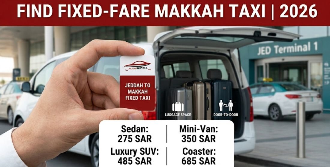 Are there fixed-fare taxis from Jeddah to Makkah? View 2026 rates for Sedans, GMCs, and Buses with Hujjaj Travels. Experience transparent pricing for your Umrah.