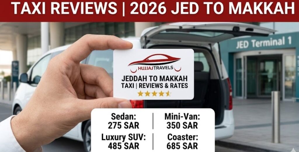 Compare reviews and accurate 2026 taxi fares from Jeddah to Makkah. View fixed rates for Sedans, GMCs, and Buses with Hujjaj Travels. Book your reliable ride.