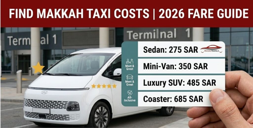 Discover the typical one-way cost for a trip from Jeddah to Makkah in 2026. View fixed rates for Sedans, GMCs, and Buses with Hujjaj Travels. Book today.