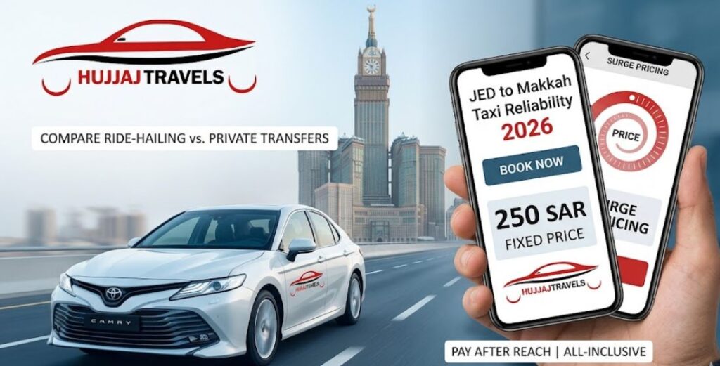 Compare ride-hailing apps with private transfers for your Jeddah to Makkah trip. View 2026 fixed rates for Sedans, SUVs, and Buses with Hujjaj Travels.