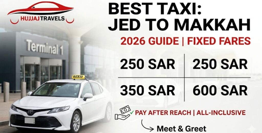Compare the best taxi services from Jeddah to Makkah. View 2026 fixed rates for Sedans, Staria, and GMC. Experience reliable, door-to-door transport with Hujjaj Travels.
