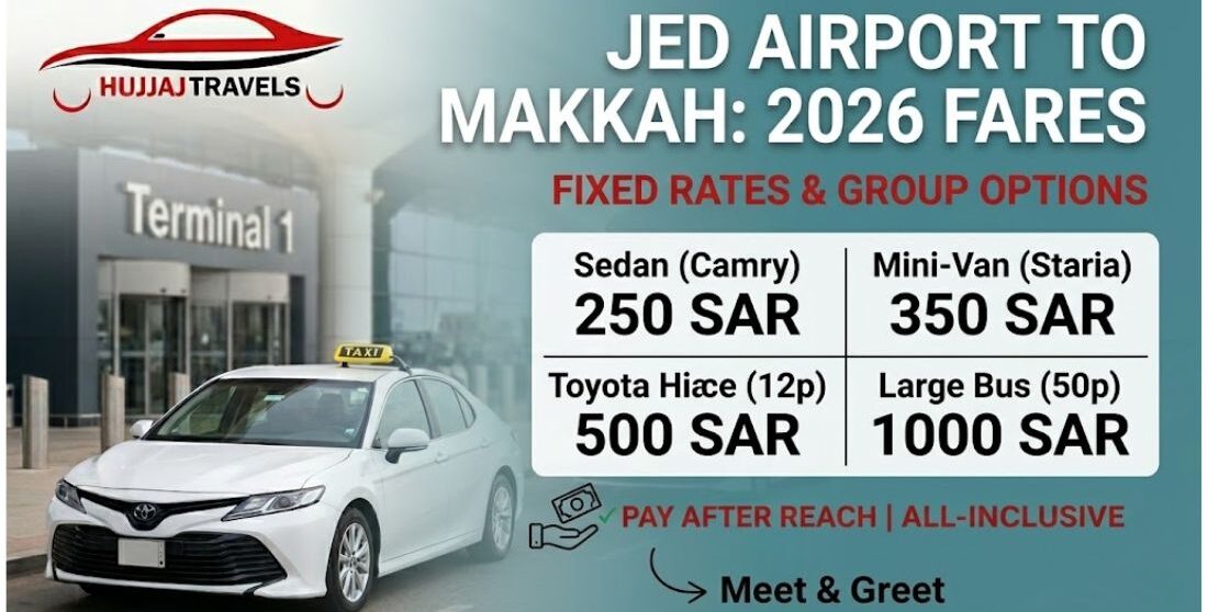 Discover 2026 private car costs from Jeddah Airport to Makkah. View fixed rates for Sedans, GMCs, and Busses with Hujjaj Travels. Book your reliable transfer now.