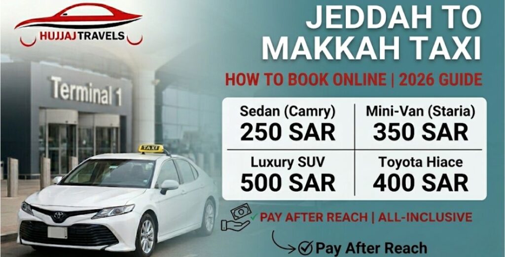 Learn how to book a taxi from Jeddah Airport to Makkah online. View official 2026 fixed rates for Sedans, GMCs, and Buses with Hujjaj Travels. Secure your ride today.
