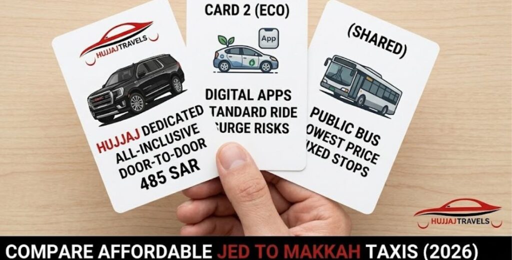 Compare affordable taxi options from Jeddah to Makkah. See 2026 fixed rates for Hujjaj Travels, Uber, and SAPTCO. Find the best ride for your Umrah journey.