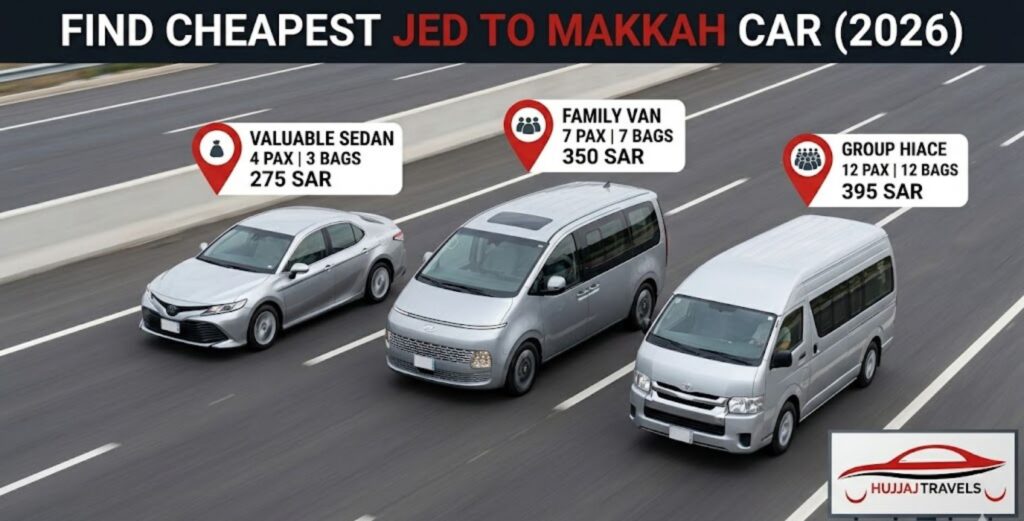 Compare the cheapest car options from Jeddah Airport to Makkah for 2026. View fixed rates for Camry, Staria, and Hiace. Save on your Umrah with Hujjaj Travels.